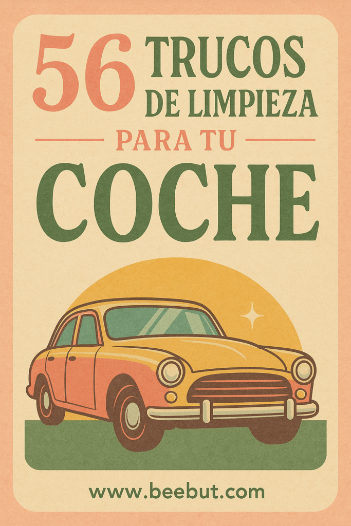 Cartel vintage con el título “56 trucos de limpieza para tu coche” y diseño cálido en tonos pastel, acompañado de una ilustración retro de auto brillante.

